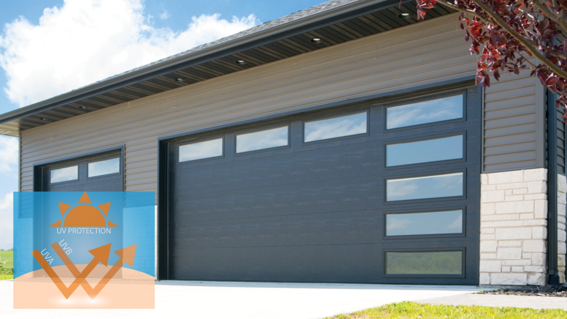 Garage door window tint blocks harmful UV rays