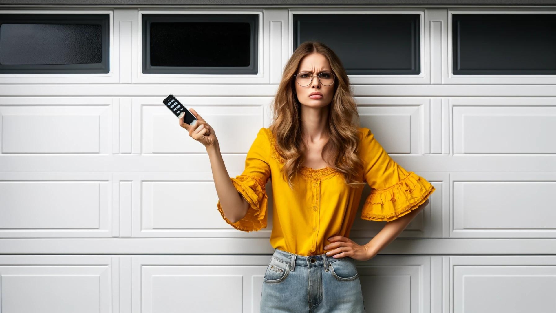 A woman experiencing a garage door opener trouble