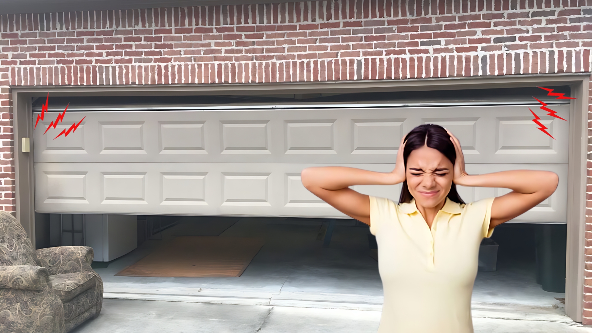 A woman covering her ears because of a noisy garage door