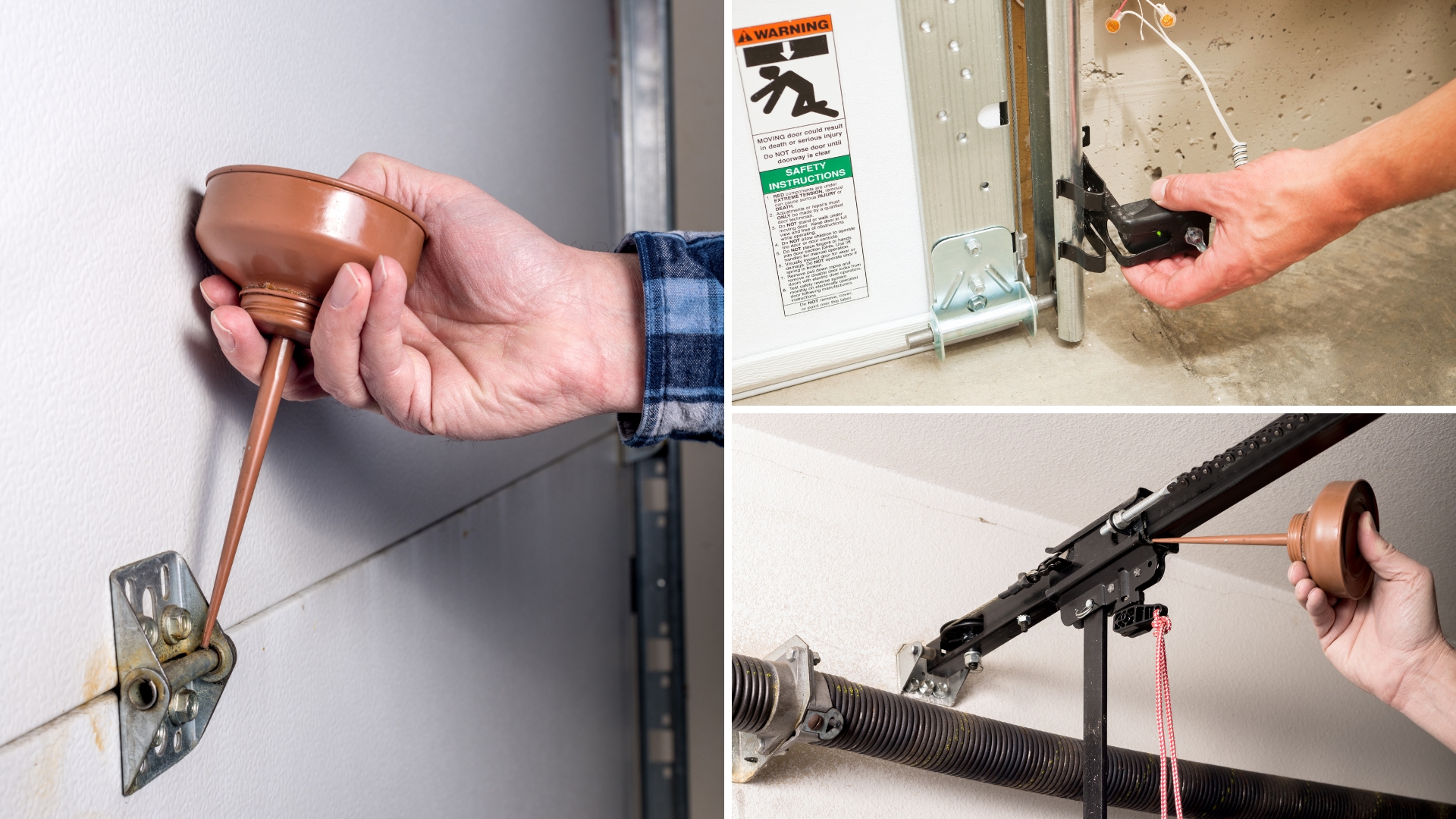 Garage door maintenance task such as lubricating the hinges and opener parts, and sensor alignment