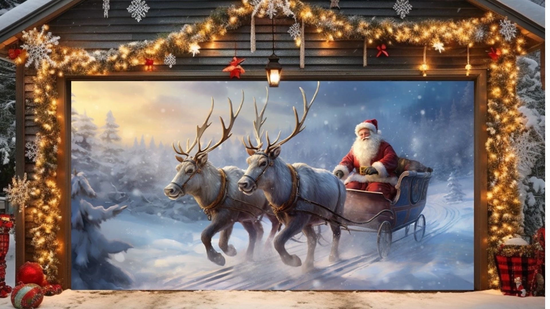 Decorative garage door featuring lifelike Santa and reindeer in snow