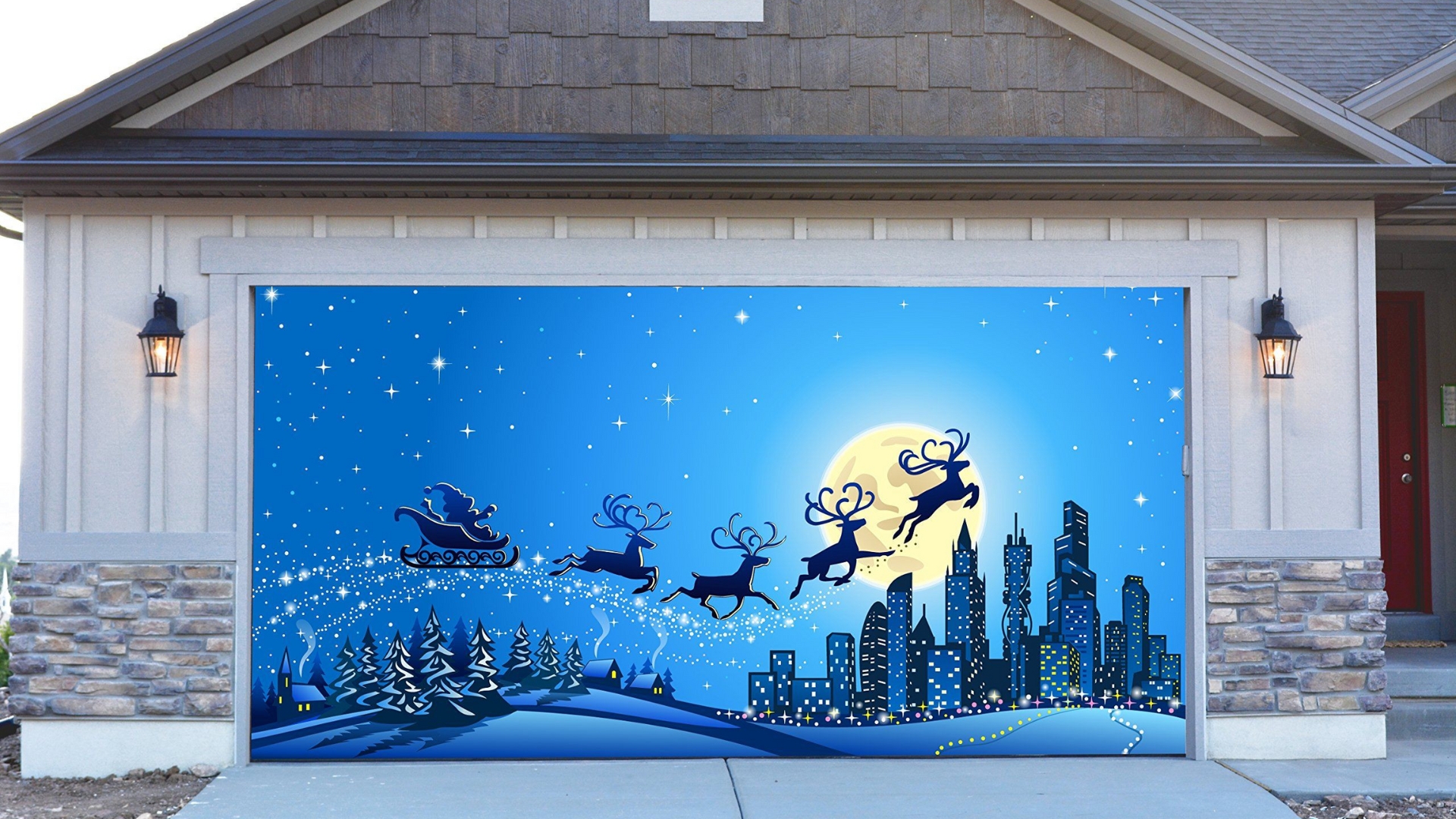 Holiday garage door cover showing Santa's sleigh flying over a snowy cityscape at night