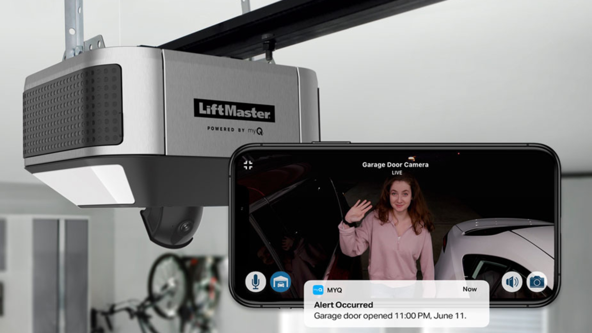 Garage door security systems featuring a LiftMaster opener with live monitoring.