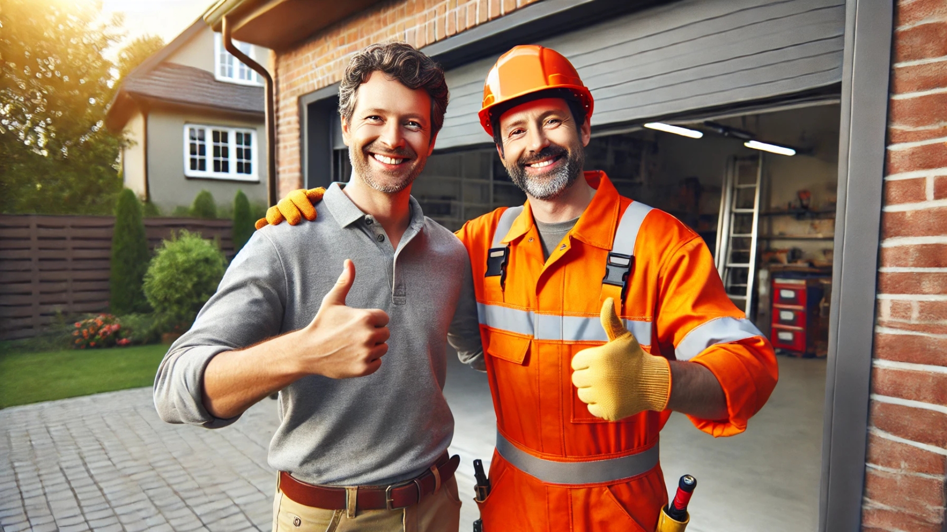 Happy customer and technician standing in front of a residential garage door.